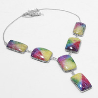 Rainbow Solar Druzy Necklace 925 Silver Plated Chain Necklace 18 inch  JJ-3624