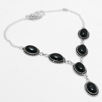 Black Onyx Necklace 925 Silver Plated Chain Necklace 18 inch  JJ-3632