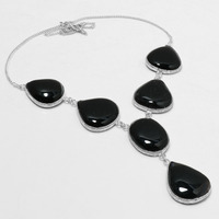 Black Onyx Necklace 925 Silver Plated Chain Necklace 18 inch  JJ-3637