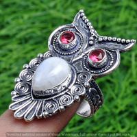 Moonstone & Garnet Gemstone 925 Sterling Silver Handmade Ring Size 10 DR-2506