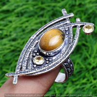 Tiger Eye & Peridot Gemstone 925 Sterling Silver Handmade Ring Size 10 DR-2517