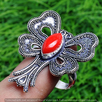 Coral Gemstone 925 Sterling Silver Handmade Ring Size 10 DR-2521