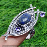 Lapis Lazuli & Peridot Gemstone 925 Sterling Silver Handmade Ring Size 8 DR-2527