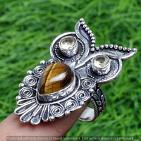 Tiger Eye & Peridot Gemstone 925 Sterling Silver Handmade Ring Size 8.75 DR-2534