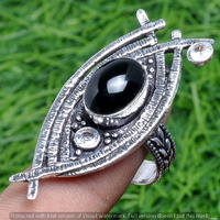 Black Onyx & Topaz Gemstone 925 Sterling Silver Handmade Ring Size 8.25 DR-2545