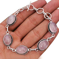 Rose Quartz Gemstone Oval Bracelet Wholesale Lot 925 Sterling Silver Plated