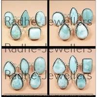 Natural & Solid Larimar 50 pcs Wholesale Lot 925 Sterling Silver Plated Rings