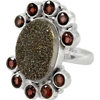 Large !! 925 Sterling Silver Drusy & Garnet Ring