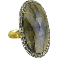 Huge Modern Style 925 Silver Labradorite,White CZ Ring