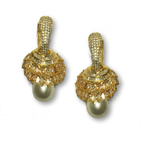 Indian Handcrafted Beautiful Round White Pearl Cubic Zirconia Studded In Yellow Gold Hanging Earings for Women by Kearth Jewels
