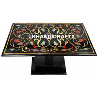 Black Marble Rare Pietra Dura Inlaid Dinning Table Top Antique Gemstone Table