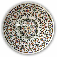 36   White Round Marble Dining Table Top Semi Precious Mosaic Inlay Hallway Decor