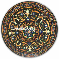 Black 48   Marble Round Dining Table Top Antique Design Inlaid Hallway Decor