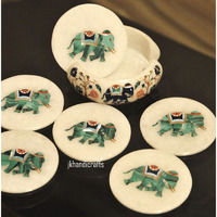 White 4   Marble Coaster Set of 6 pcs Elephant Inlay Malachite Home Decor Gifts