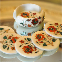 4  Marble Tea Coffee Coaster Set Rare Hakik Mosaic Marquetry Friday Decor Gifts