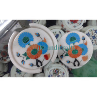 4   Marble Tea coffee Coaster Set of 6 Pc Gems Stone Inlaid Art Home Decor Gift