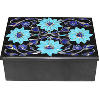 7   x 5   Black Marble Jewelry Box Turquoise Floral Marquetry Inlaid Art Gift
