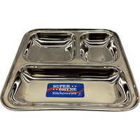 Super Shyne Stainless Steel 3 Section Square Lunch Tray - 8.5 Inch