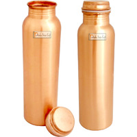 Prisha India Craft Matt Finish Lacqour Coated Anti Tarnished Joint Free New Designed Copper Bottle, Travel Essential, Drinkware, 1000 ML \ 33 OUNCE | Set of 2