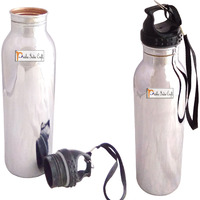 Prisha India Craft Pure Copper Water Bottle Outside Steel with Plastic Loop Cap Handmade Joint Free & Leak Proof Water Bottles | Capacity 900 ML | Set of 2