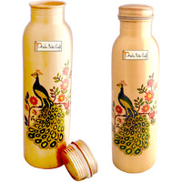 Prisha India Craft Digital Printed Pure Copper Water Bottle Kids School Water Bottles Outside Peacock Design | Capacity 1000 ML | Set of 2