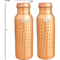 Prisha India Craft Copper Water Bottle, Hammered Design Pure Copper, Capacity 700 ML (23-oz), 2 Pieces