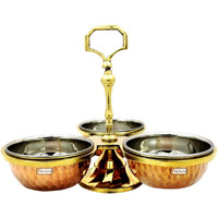 Prisha India Craft Copper Steel Serving Pickle, Condiment Dish Rack 3-Bowls Set (6 Ounce)