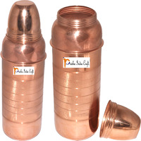 Prisha India Craft B. 800 ML - SET OF 2 - Pure Copper Water Bottle New Design Copper Water Pitcher for the Refrigerator - Sports water Bottles - Christmas Gift with Bottle Cleaning Brush