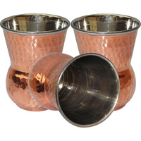Set of 3 - Prisha India Craft B. Copper Muglai Matka Glass Inside Stainless Steel Hammered Style Drinkware Tumbler Handmade Copper Cups - Traveller's Copper Mug