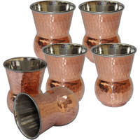 Set of 6 - Prisha India Craft B. Copper Muglai Matka Glass Inside Stainless Steel Hammered Style Drinkware Tumbler Handmade Copper Cups - Traveller's Copper Mug