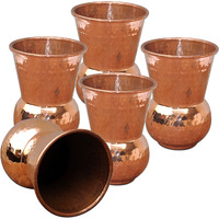 Set of 5 - Prisha India Craft B. Copper Muglai Matka Glass Hammered Style Drinkware Tumbler Handmade Copper Cups - Traveller's Copper Mug for Ayurveda Benefits