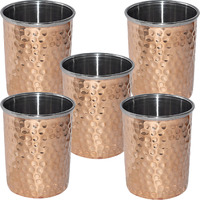 Set of 5 - Prisha India Craft B. Handmade Water Glass  Inside Stainless Steel Copper Tumbler | Traveller's Copper Cup