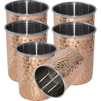 Set of 6 - Prisha India Craft B. Handmade Water Glass  Inside Stainless Steel Copper Tumbler | Traveller's Copper Cup