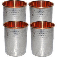 Set of 4 - Prisha India Craft B. Handmade Water Glass Copper Tumbler Inside Stainless Steel | Traveller's Copper Cup