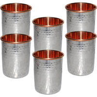 Set of 6 - Prisha India Craft B. Handmade Water Glass Copper Tumbler  Inside Stainless Steel | Traveller's Copper Cup