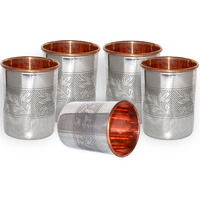 Set of 5 - Prisha India Craft B. Handmade Water Glass Copper Tumbler  Inside Stainless Steel | Traveller's Copper Cup