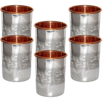 Set of 6 - Prisha India Craft B. Handmade Water Glass Copper Tumbler  Inside Stainless Steel | Traveller's Copper Cup