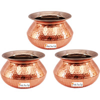 Set of 3 Prisha India Craft B. High Quality Handmade Steel Copper Casserole - Copper Serving Handi Bowl - Copper Serveware Dishes Bowl Dia - 6.5  X Height - 4.50  - Christmas Gift