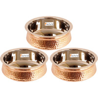 Set of 3 Prisha India Craft B. High Quality Handmade Steel Copper Casserole - Copper Serving Handi Bowl - Copper Serveware Dishes Bowl Dia - 5.00  X Height - 2.00  - Christmas Gift