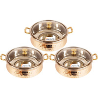 Set of 3 Prisha India Craft B. High Quality Handmade Steel Copper Casserole with Lid - Copper Serving Handi Bowl - Copper Serveware Dishes Bowl Dia - 5.00  X Height - 2.25  - Christmas Gift