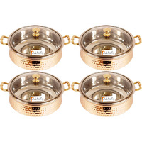 Set of 4 Prisha India Craft B. High Quality Handmade Steel Copper Casserole with Lid - Copper Serving Handi Bowl - Copper Serveware Dishes Bowl Dia - 5.00  X Height - 2.25  - Christmas Gift