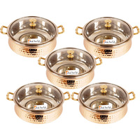 Set of 5 Prisha India Craft B. High Quality Handmade Steel Copper Casserole with Lid - Copper Serving Handi Bowl - Copper Serveware Dishes Bowl Dia - 5.00  X Height - 2.25  - Christmas Gift
