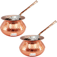 Set of 2 Prisha India Craft B. High Quality Handmade Steel Copper Casserole and Serving Spoon - Set of Copper Handi and Serving Spoon - Copper Bowl Dia - 5  X Height - 3.25  - Christmas Gift