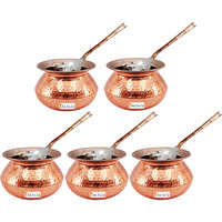 Set of 5 Prisha India Craft B. High Quality Handmade Steel Copper Casserole and Serving Spoon - Set of Copper Handi and Serving Spoon - Copper Bowl Dia - 5  X Height - 3.25  - Christmas Gift