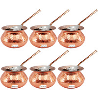 Set of 6 Prisha India Craft B. High Quality Handmade Steel Copper Casserole and Serving Spoon - Set of Copper Handi and Serving Spoon - Copper Bowl Dia - 5  X Height - 3.25  - Christmas Gift