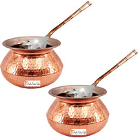 Set of 2 Prisha India Craft B. High Quality Handmade Steel Copper Casserole and Serving Spoon - Set of Copper Handi and Serving Spoon - Copper Bowl Dia - 6.5  X Height - 4.50  - Christmas Gift