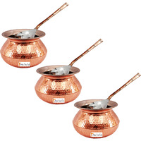 Set of 3 Prisha India Craft B. High Quality Handmade Steel Copper Casserole and Serving Spoon - Set of Copper Handi and Serving Spoon - Copper Bowl Dia - 6.5  X Height - 4.50  - Christmas Gift