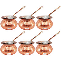 Set of 6 Prisha India Craft B. High Quality Handmade Steel Copper Casserole and Serving Spoon - Set of Copper Handi and Serving Spoon - Copper Bowl Dia - 6.5  X Height - 4.50  - Christmas Gift