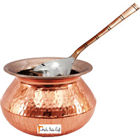 Prisha India Craft B. High Quality Handmade Steel Copper Casserole and Serving Spoon - Set of Copper Handi and Serving Spoon - Copper Bowl Dia - 5.5  X Height - 3.50  - Christmas Gift