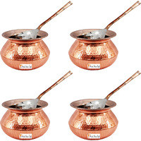 Set of 4 Prisha India Craft B. High Quality Handmade Steel Copper Casserole and Serving Spoon - Set of Copper Handi and Serving Spoon - Copper Bowl Dia - 5.5  X Height - 3.50  - Christmas Gift